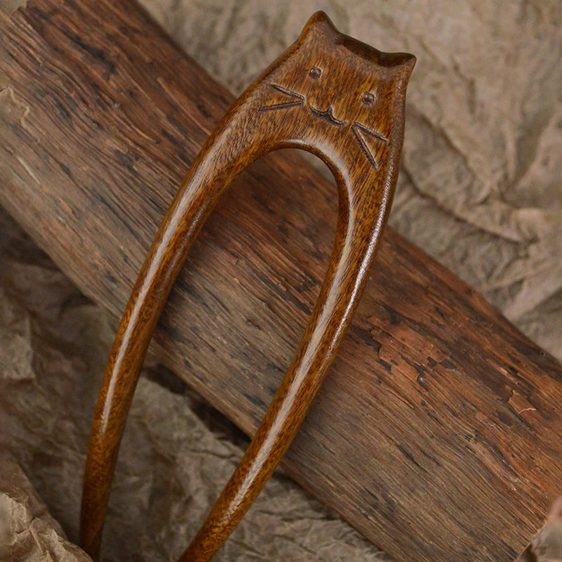 Chinese cat pattern hair sticks wooden u shaped forks for women girls hanfu hairpin headwear headpieces accessories