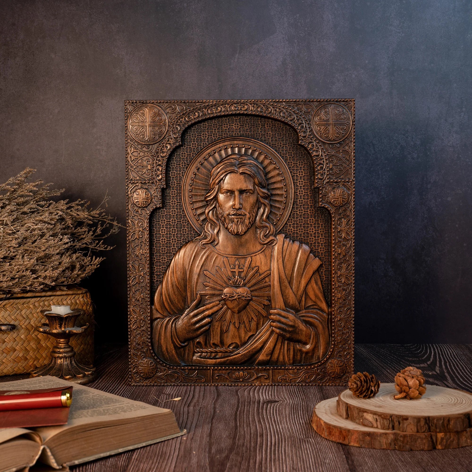 Sacred heart of jesus catholic statue religious wooden plaque wall hanging church room home and decoration christmas
