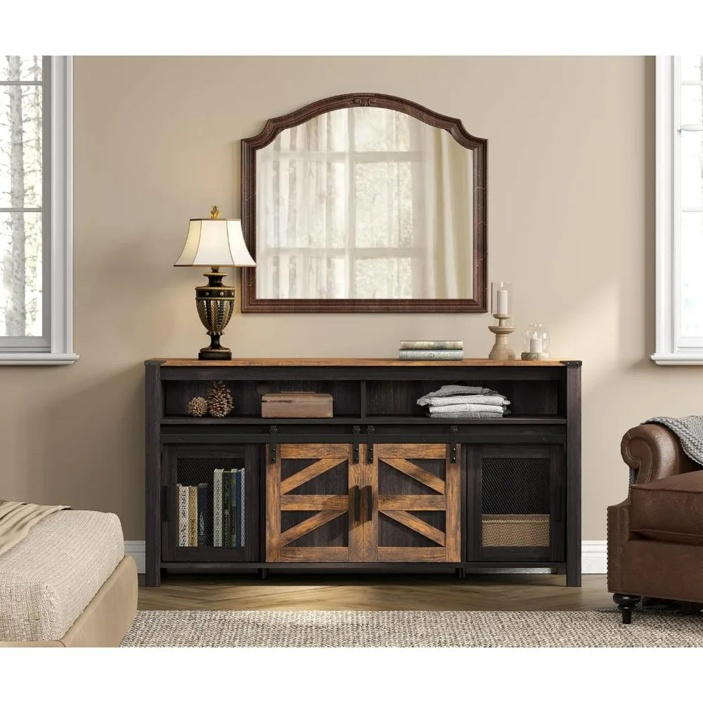 Farmhouse tv stand for 65 inch antique black & brown entertainment center with sliding barn doors and mesh tall medi