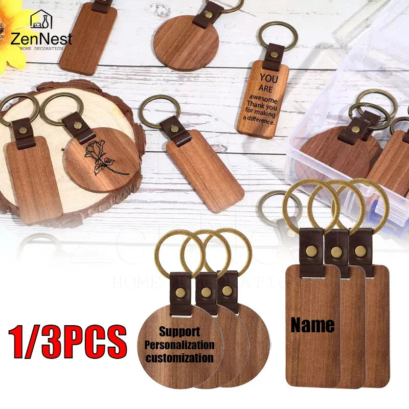 1/3pcs leather wooden keychain free custom solid wood for laser engraving diy key tags crafts christmas gifts - chain