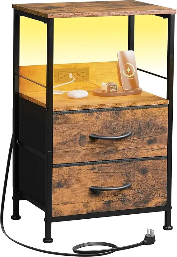 Night stand with charger station black nightstand 2 fabric drawers and storage shelf led bedside table bedroom small en