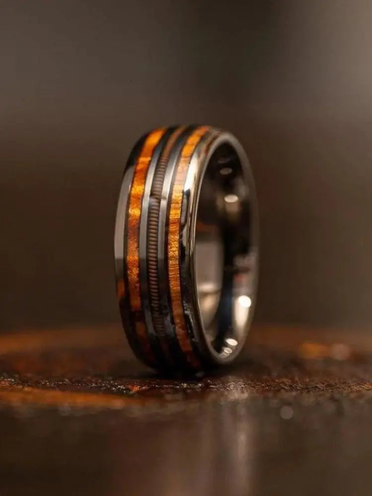 8mm men’s koa wood inlay stainless steel ring unique silver meteorite rings for gift luxury party wedding band jewelry