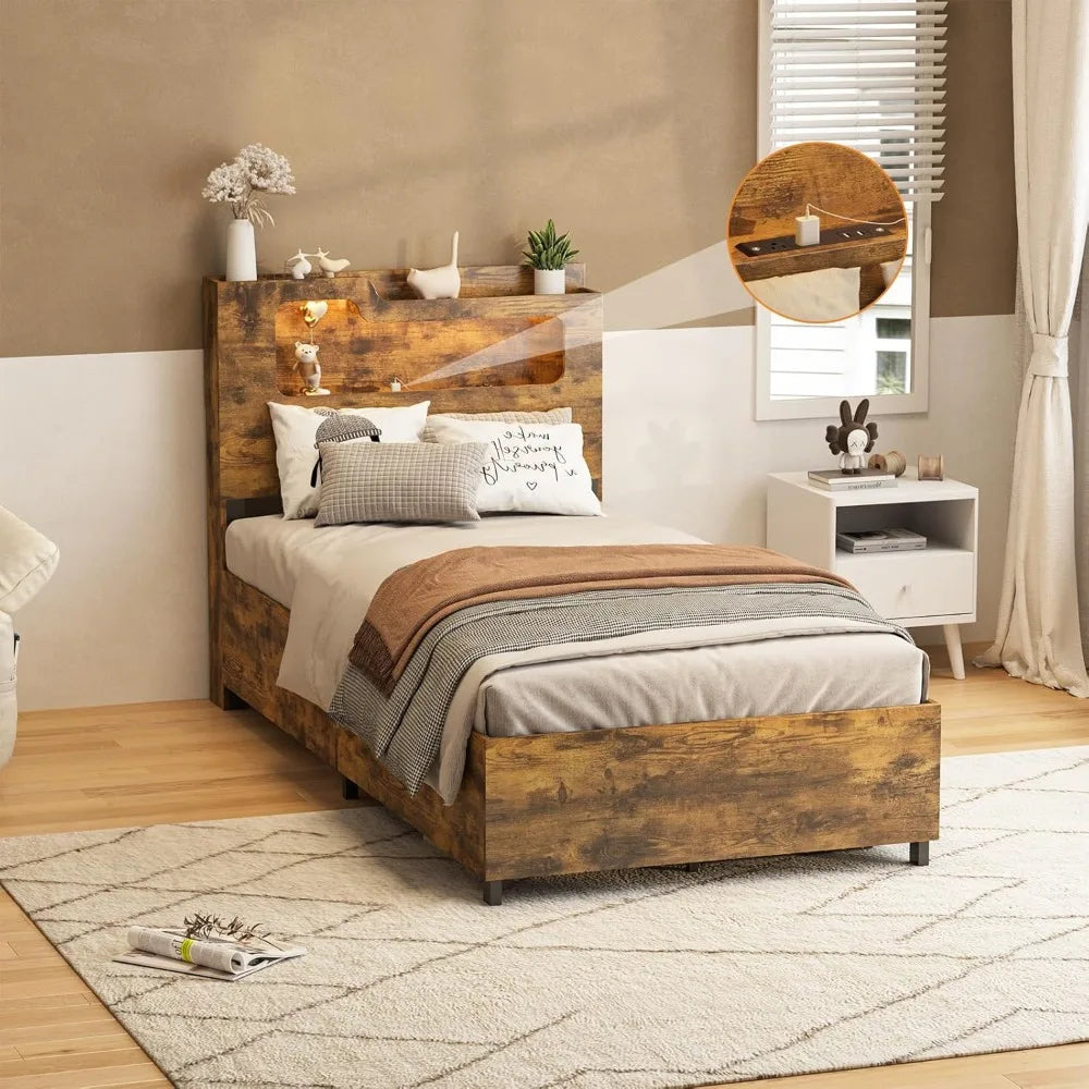 Fameill twin size lift up storage bed frame 2-tier headboard wooden platform with lifting & charging station,