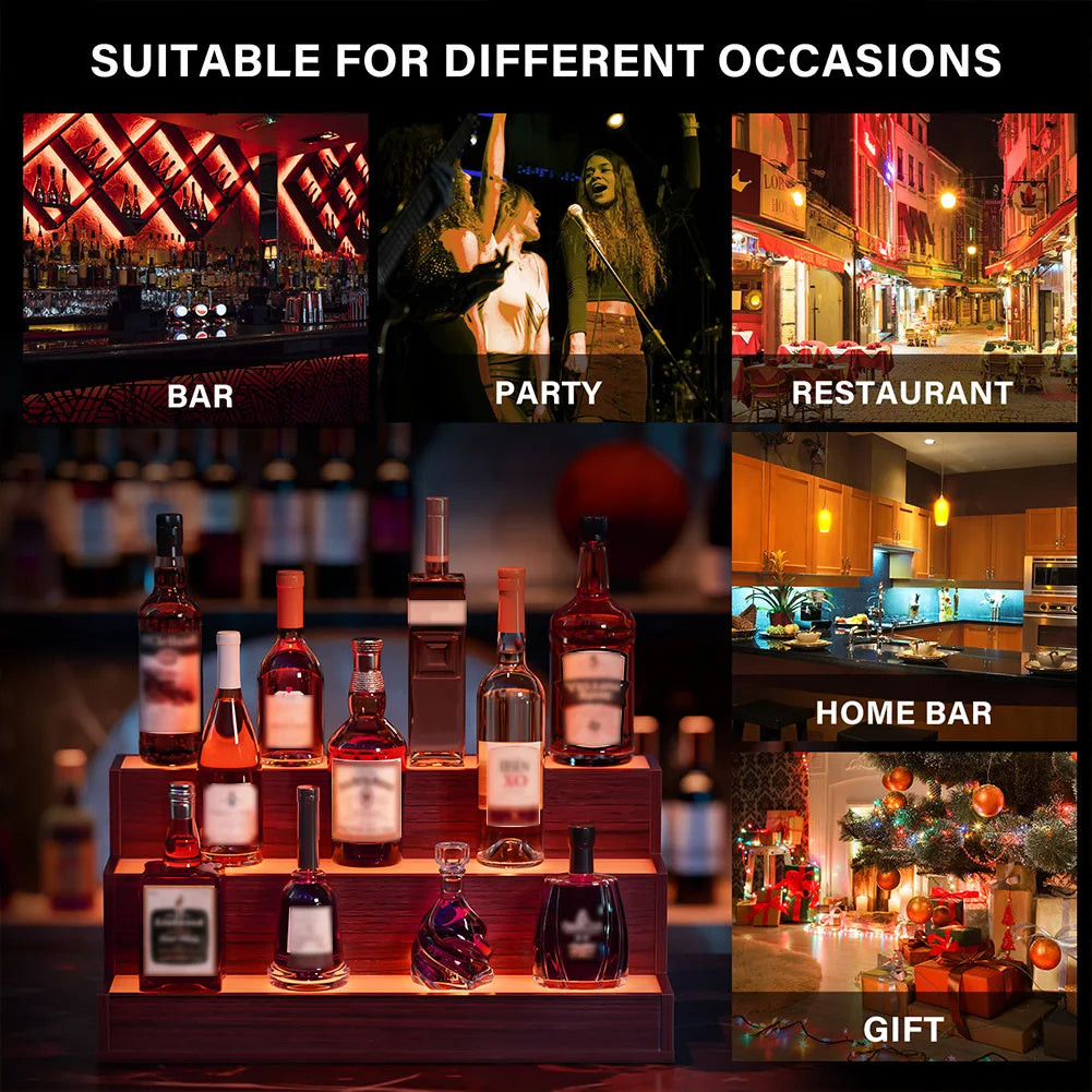 Led lighted liquor shelves wooden bottle display shelf with app remote control for home bar pub restaurants party