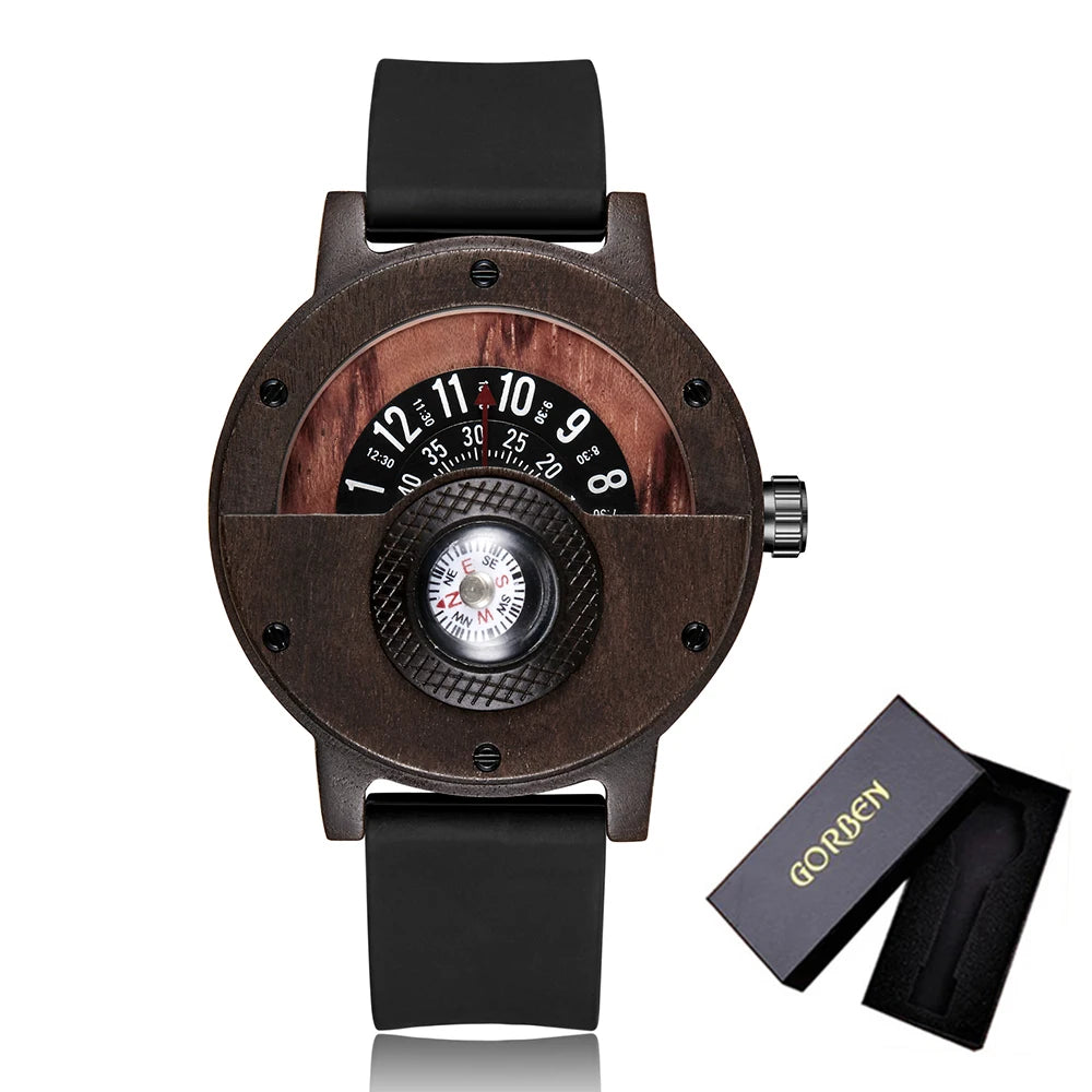 Natural wood watch men’s rotary table compass dial real walnut ebony bamboo brown concept quartz - w384-1 with box