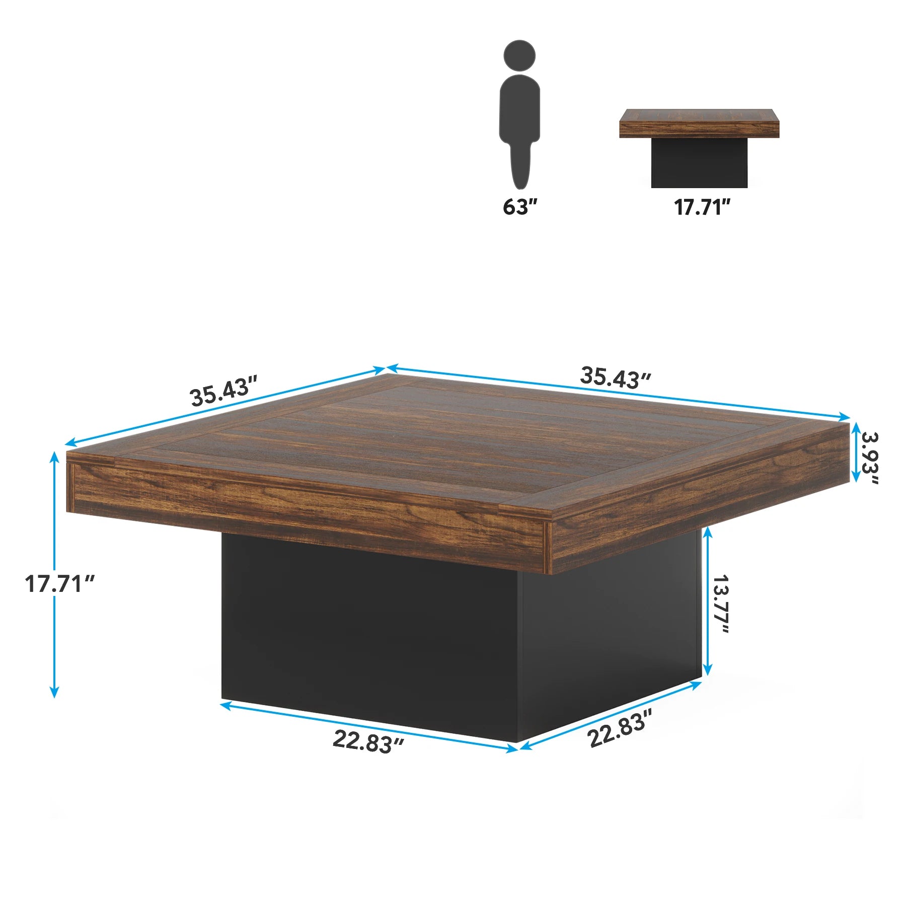 Tribesigns coffee table square led engineered wood low for living room rustic brown & black - united states