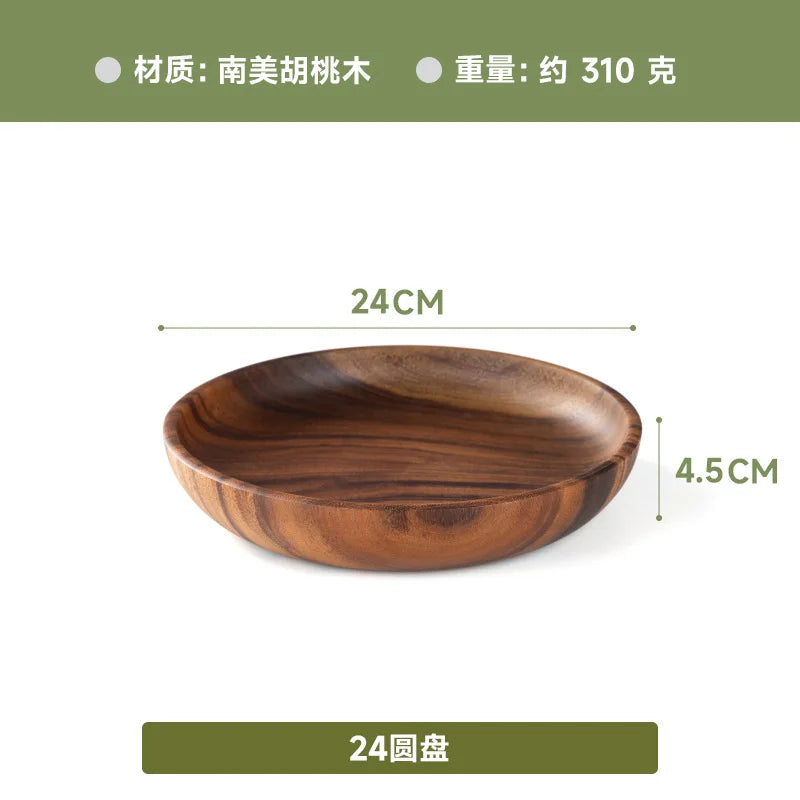 Japanese solid wood round fruit dish household dim sum salad baby fall proof wooden bowl whole thickened - 24x4.5cm