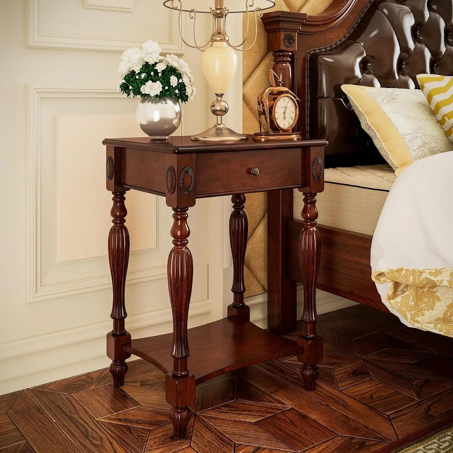 Solid wood side table with drawer victorian style vintage nightstand antique cherry end tables living room bedroom 19.7x