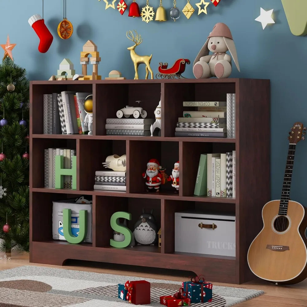 3-tier wooden open shelf bookcase with 10 cubes storage organizer for bedroom - cherry finish freestanding bookshelf