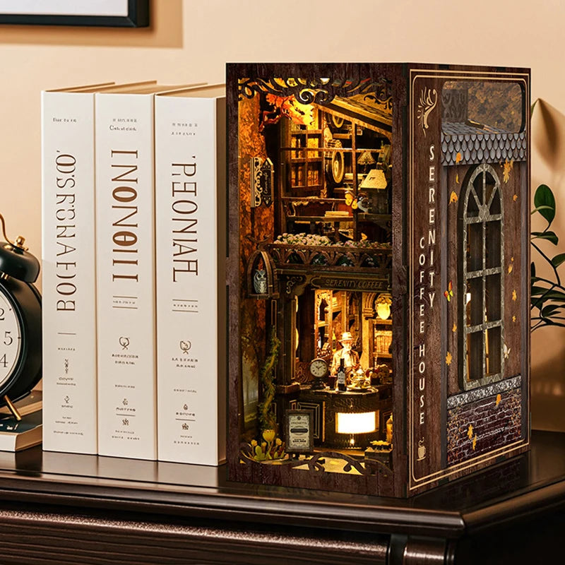 Retro diy wooden book nook shelf insert miniature kits serenity coffee house bookshelf home decoration for adult