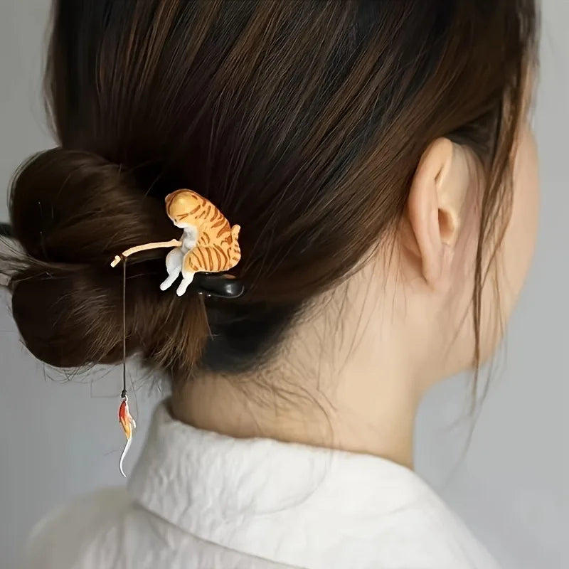 Chinese hanfu hairpin hand-carved phoenix wooden hair stick vintage accessories for women antique bronze retro clip