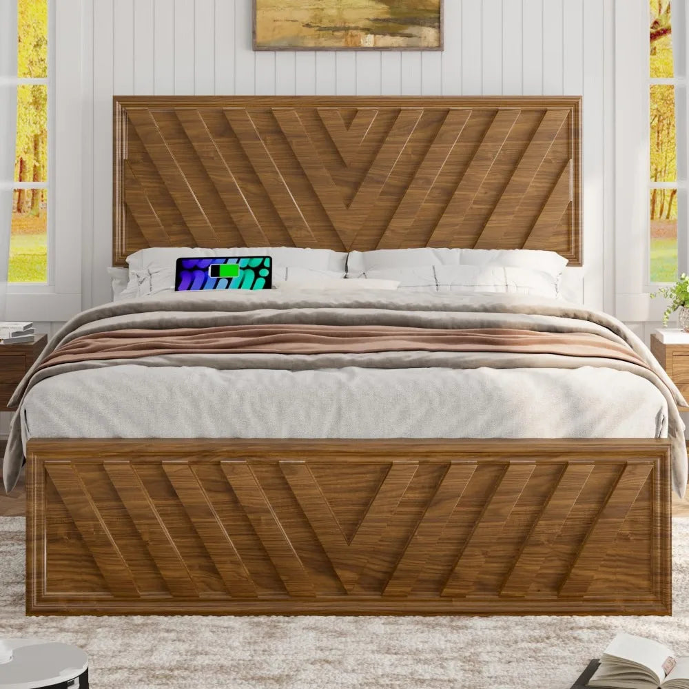 Full bed with adjustable headboard farmhouse platform wood led light and charging station diagonal line & rustic brow