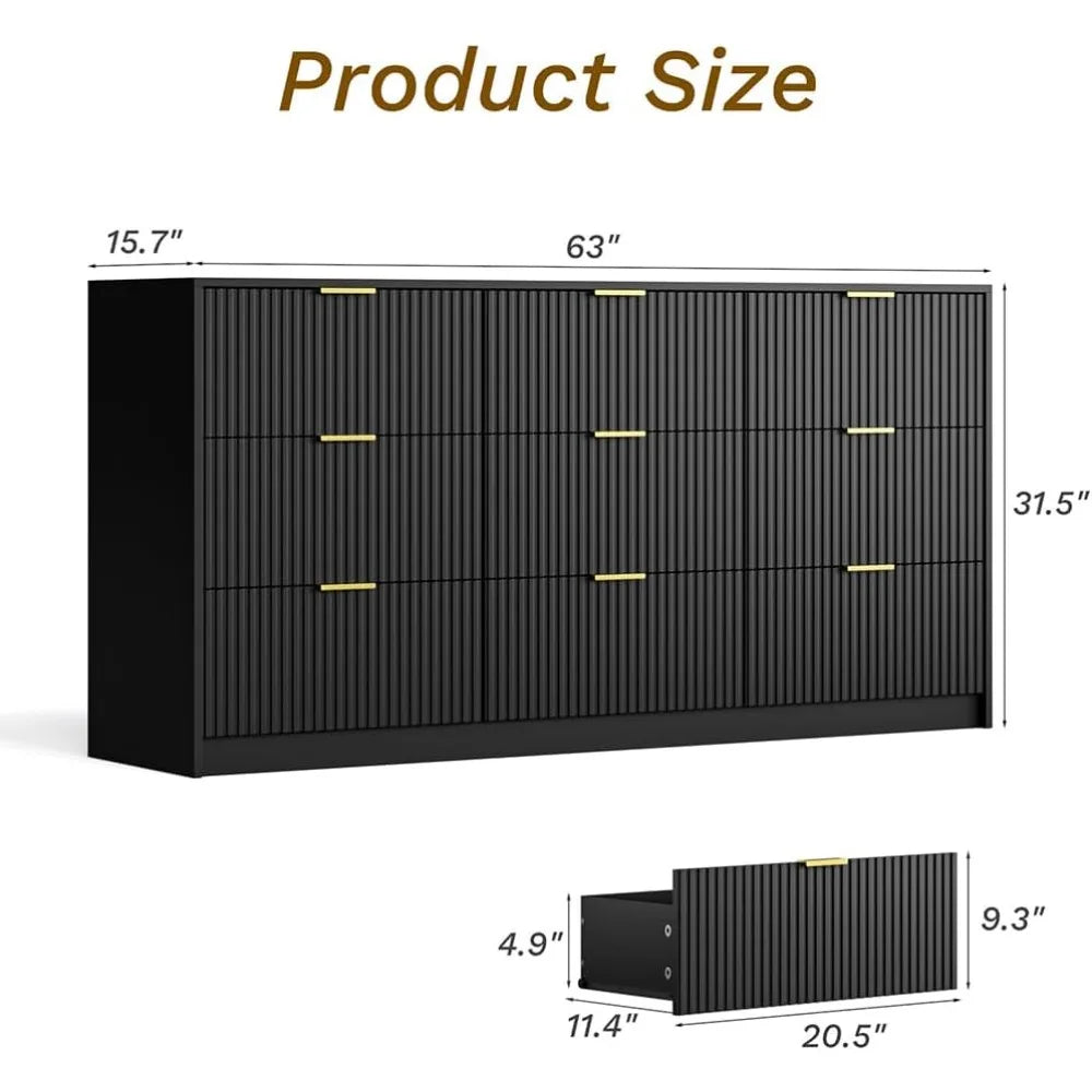 Black dresser for bedroom 9 drawer double modern chest of drawers living room entryway and closet 63’’ l