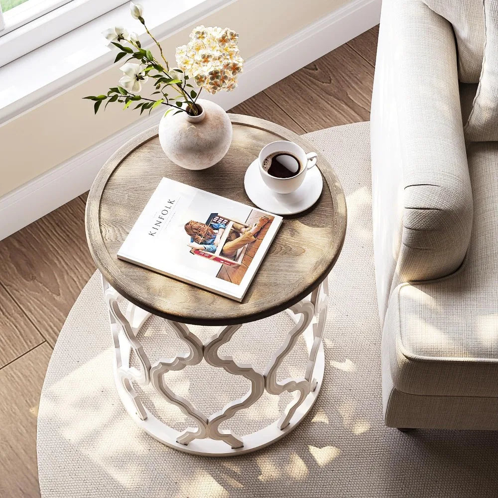 Farmhouse end table 18.5’’ french country round side distressed tray top wood with curved motif frame base fo - united