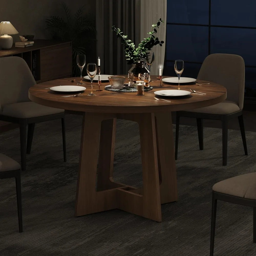 Wooden round dining table for 4 farmhouse style circle home and living room - united states / walnut brown