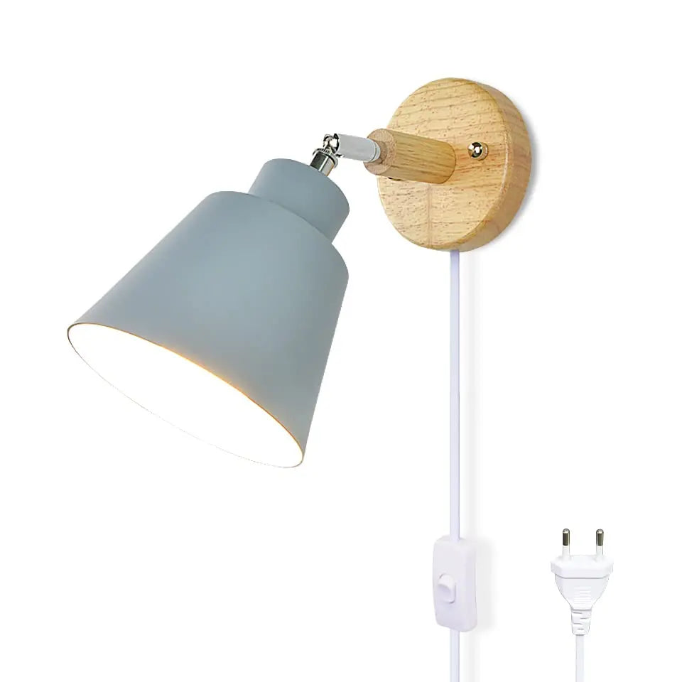 Nordic wood wall lamp with plug and 1.8 meters line cable knob switch creative bedside wall light eu wooden base - grey