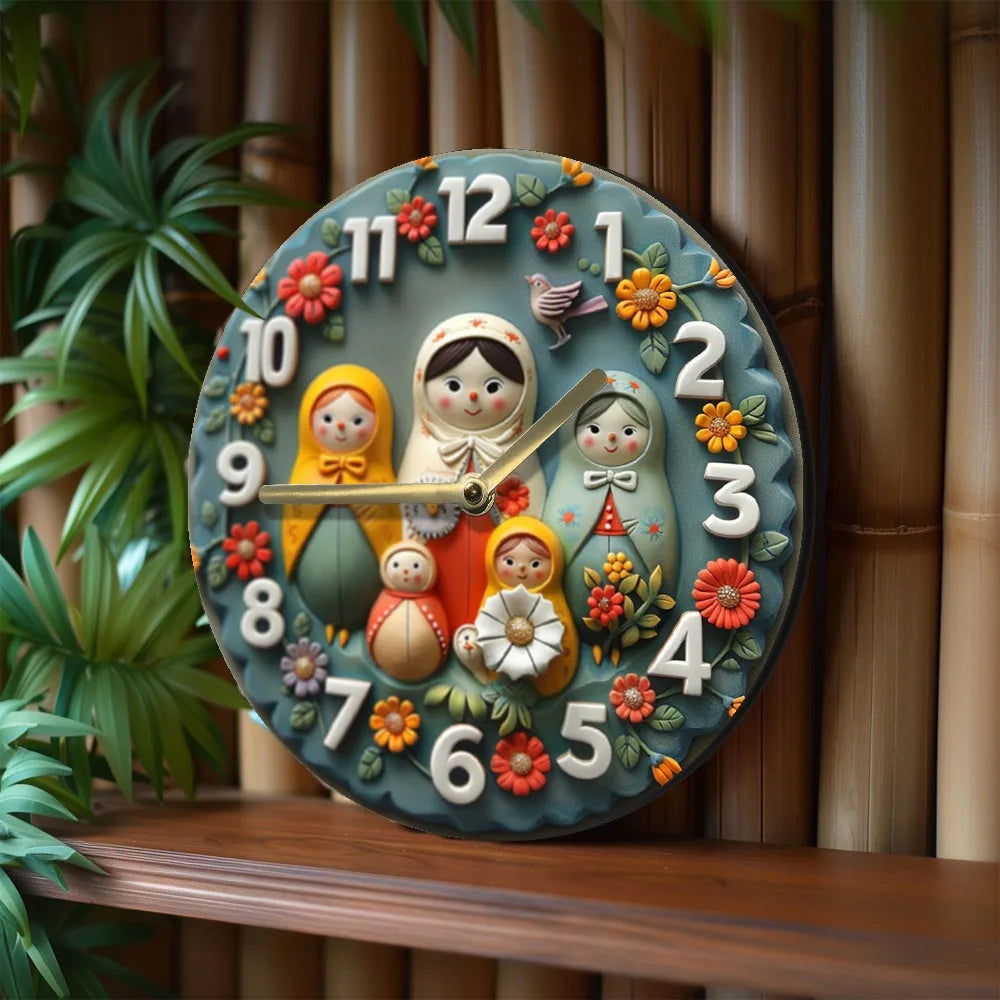 Wooden wall clock with russian matryoshka dolls pattern perfect for home decor. Requires aa batteries - mzb633 / 20x20cm