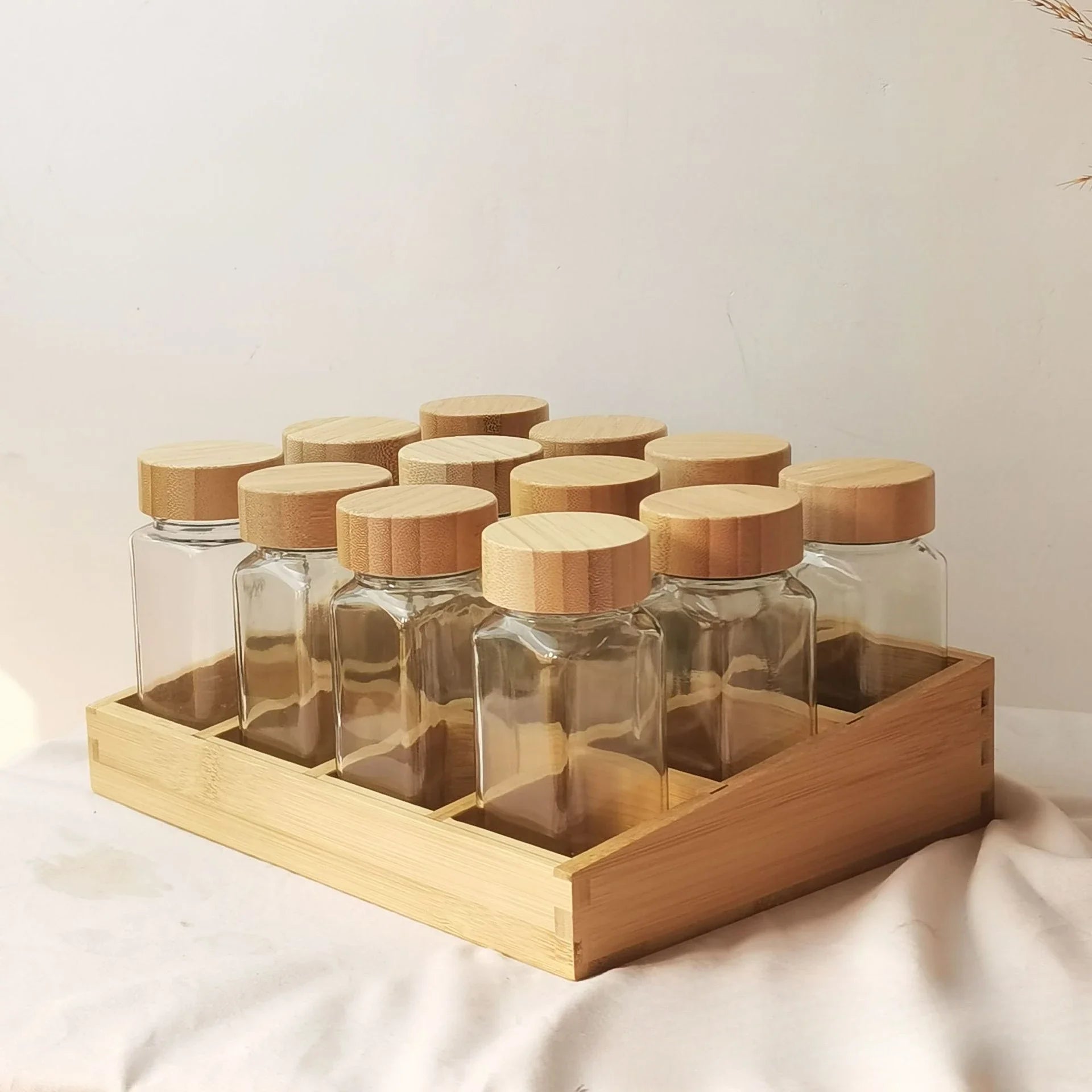 Glass spice jars w/ bamboo lids + wood tray storage containers flour jar kitchen canisters - wood tray