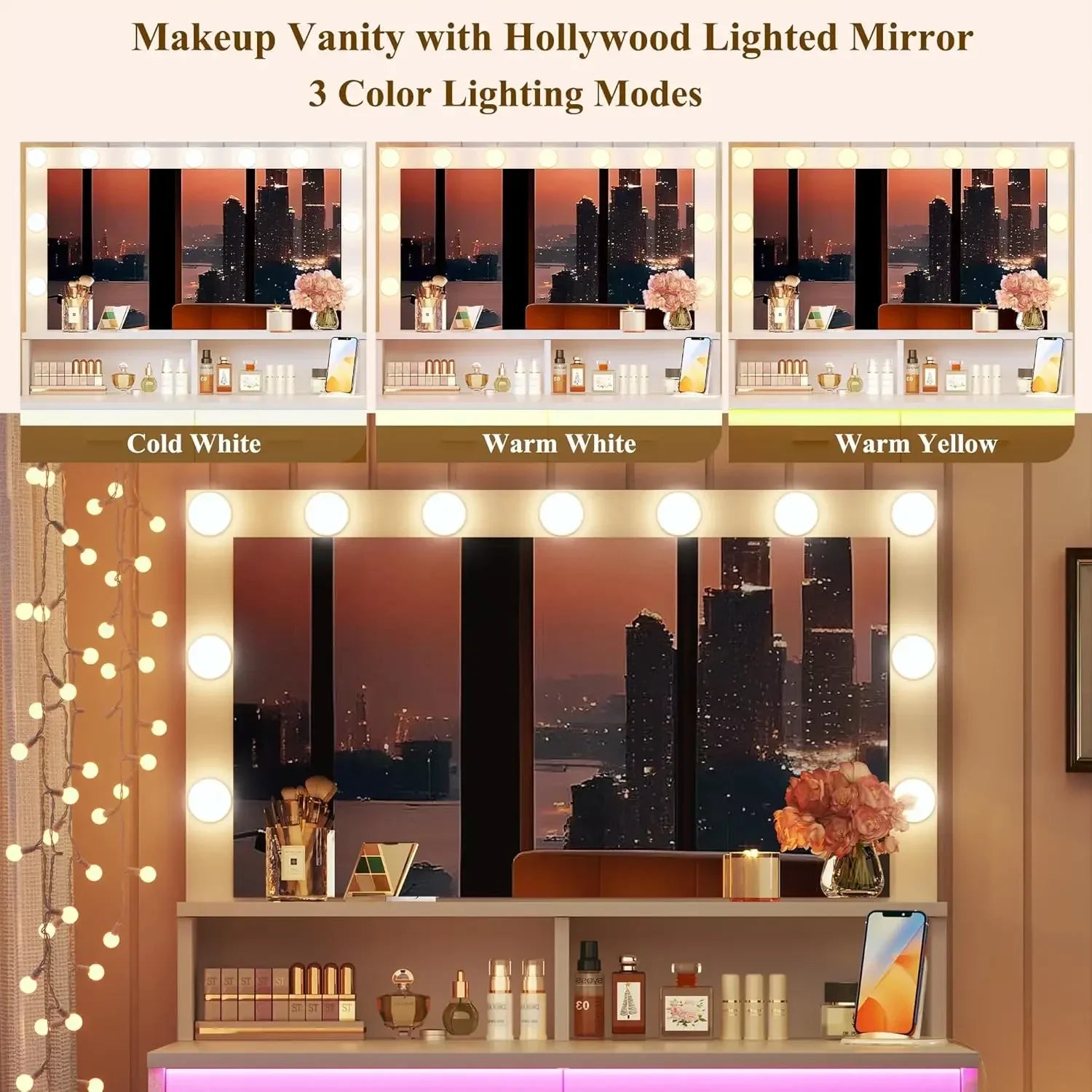 [limited time offer clearance! ]vanity desk with mirror and lights small makeup vanity chair rgb white - united states