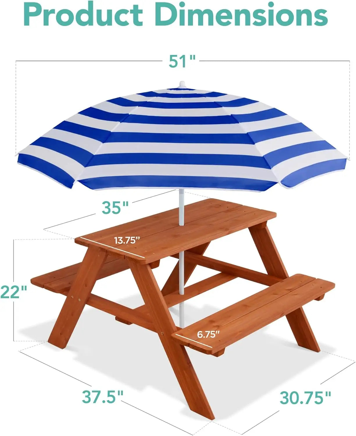 Kids wooden picnic table outdoor activity & dining w/adjustable collapsible umbrella built-in seats - golden brown/navy