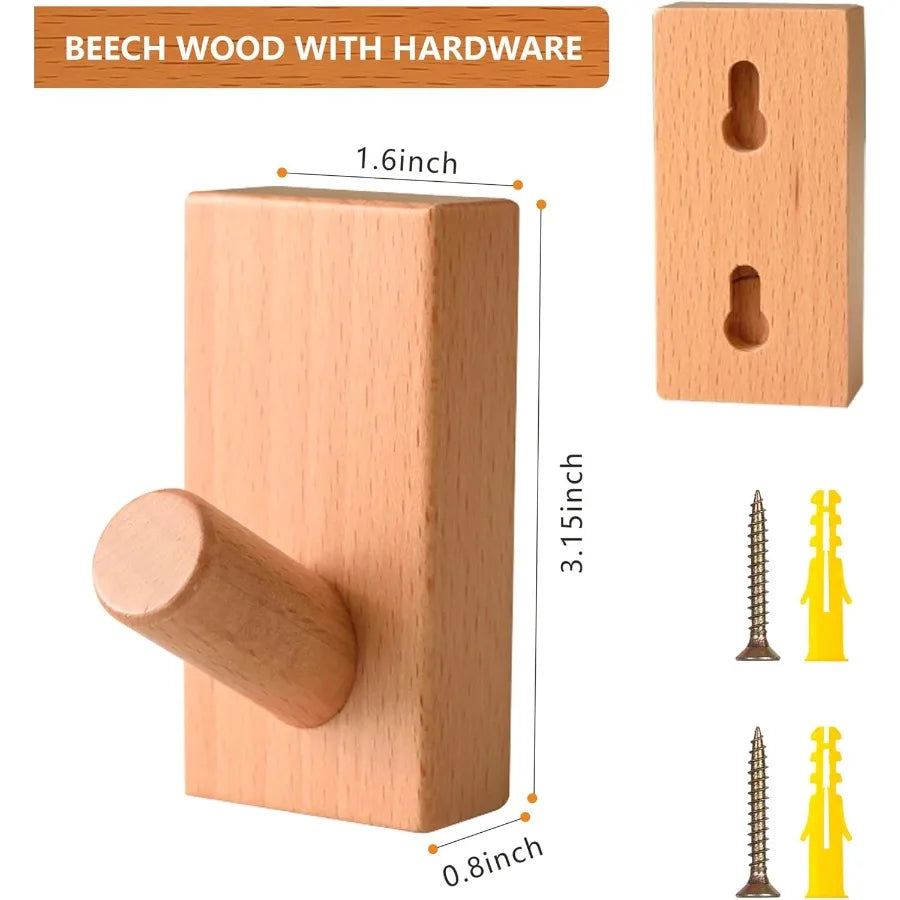 Wood coat hooks wall mounted 4 pack heavy duty natural beech for hanging robe towel and hat in bathroom bedroom