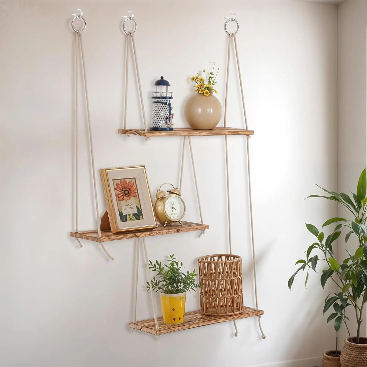 Boho wall shelves for plants - 3 tier macrame hanging wooden storage floating rope shelve - united states / b0dy74yxlq