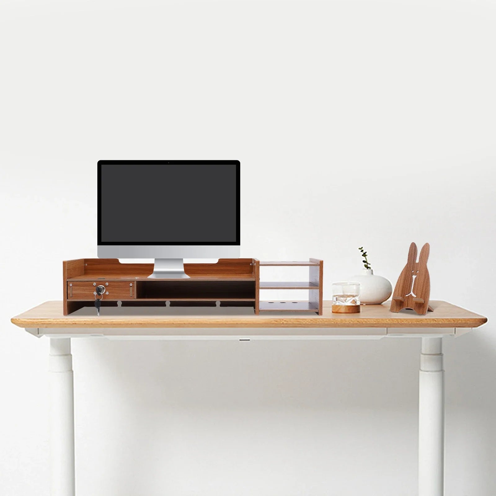 Sturdy bamboo wood monitor stand riser w/ drawer - desk storage organizer wooden with cone,computer desktop - color