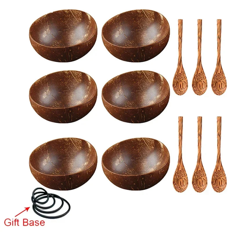 12-15cm natural coconut bowl set wooden salad ramen bowl wood spoon set coco smoothie kitchen tableware - 6 spoon