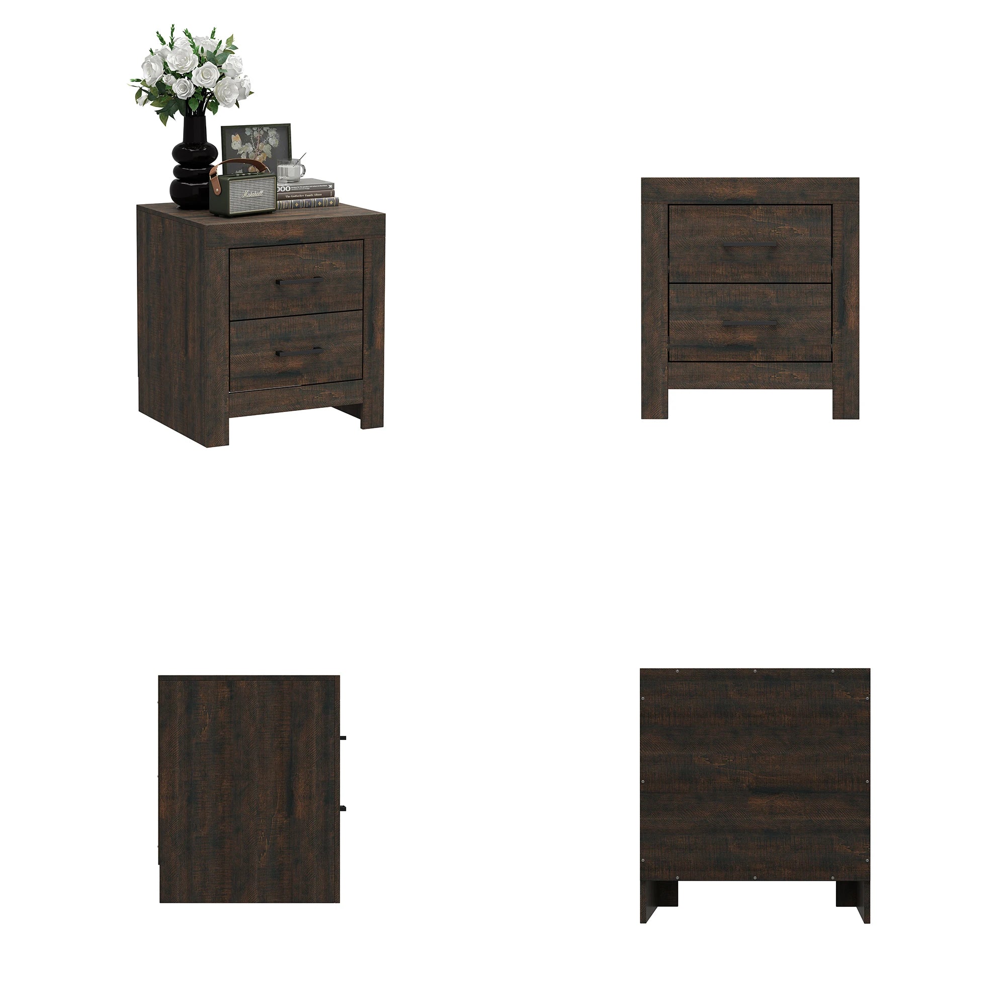 Fufu&gaga 2-drawers bedroom nightstand with spacious top bedside table metal handles for living room brown wood grain