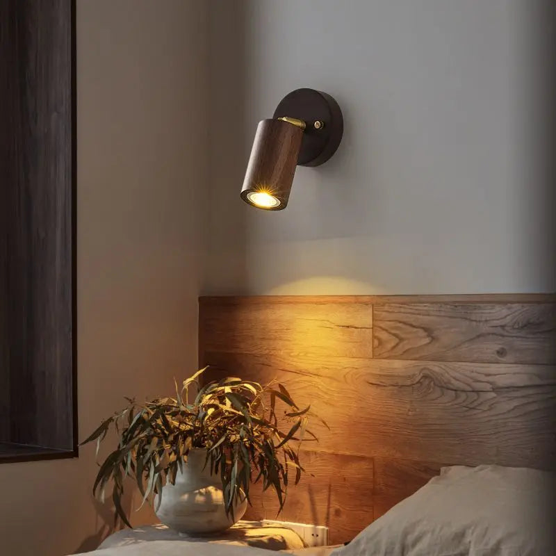 Japanese walnut wood color bedroom bedside wall light zipper switch vintage retro lamp with adjustable spotlight reading