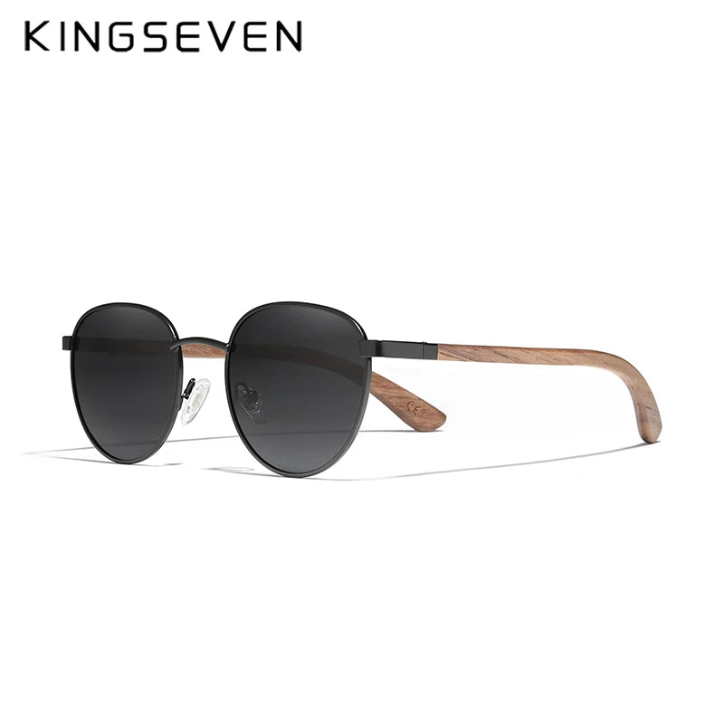 Kingseven brand polarized wooden sunglasses for men women uv400 mirror lens male eyewear round frame handmade causal