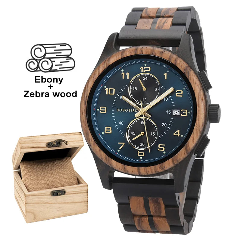 Bobo bird men watches 44mm luxury quartz watch lightweight wooden case and straps for casual support customize gift box