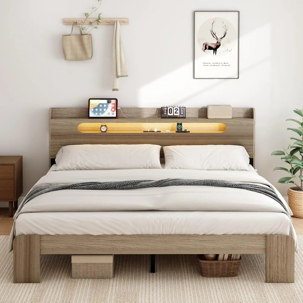 Wooden bed frame king size with headboard rustic framhouse platform bedframe wood slat support sturdy and no noise
