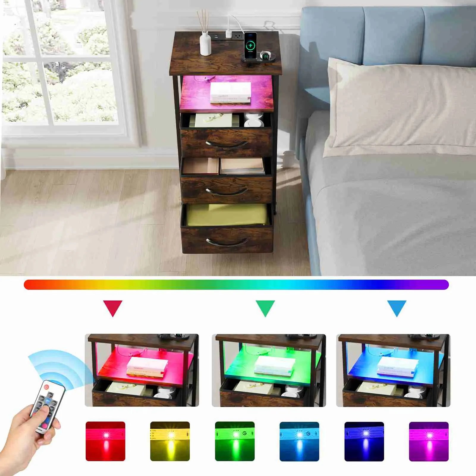 Bedside table brown color multifunctional iron and triamine plate nightstand side for living room bedroom - united