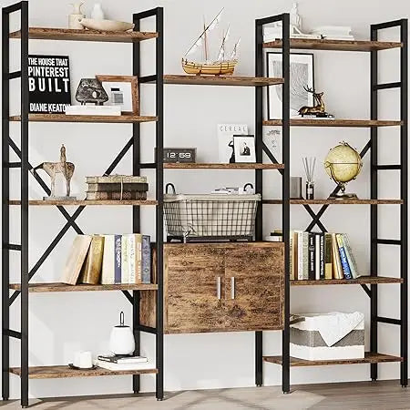 Large industrial-style tall bookshelf with storage cabinet & open shelves - united states / brownwith