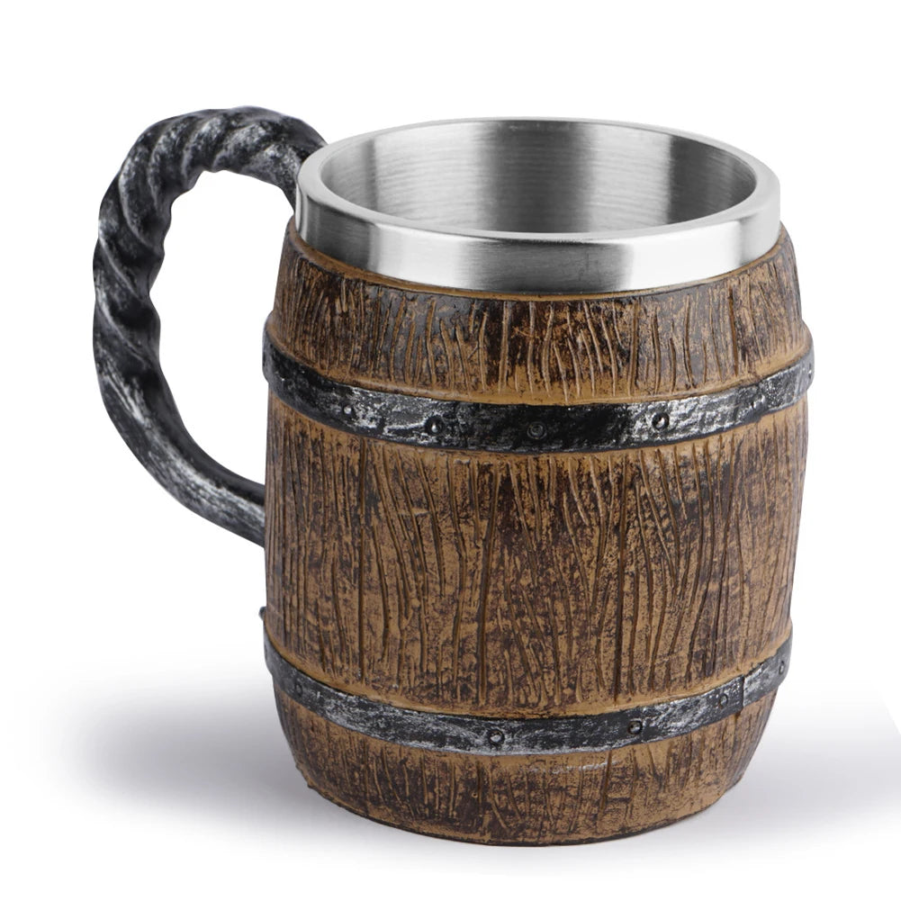 Simulation wooden barrel mug double wall heat insulated cup creative resin stainless steel retro for home ornament