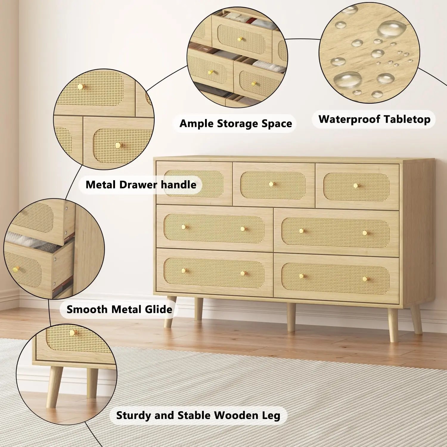 Natural wood 7 drawer rattan dresser with gold handles boho durable storage cabinet dressers & chests of drawers
