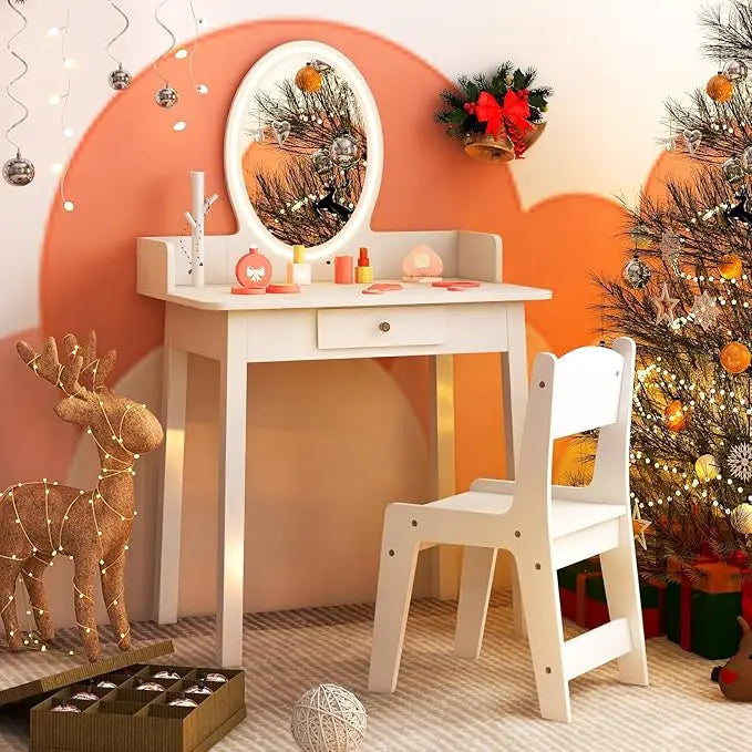 Kids vanity girls set with mirror and stool lights drawer jewelry rack 2 in 1 wooden princess makeup desk dressi