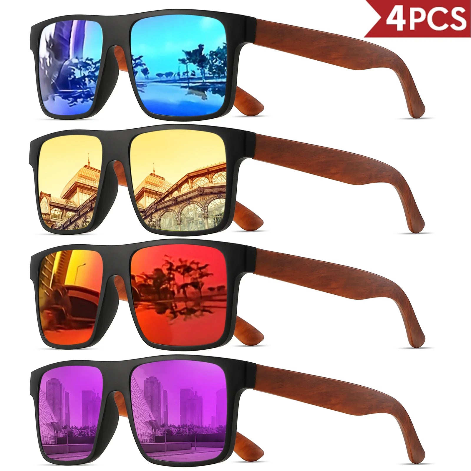 4pcs polarized retro square sunglasses - mahogany wood grain temples & spring hinges uv400 for driving/travel/outdoor
