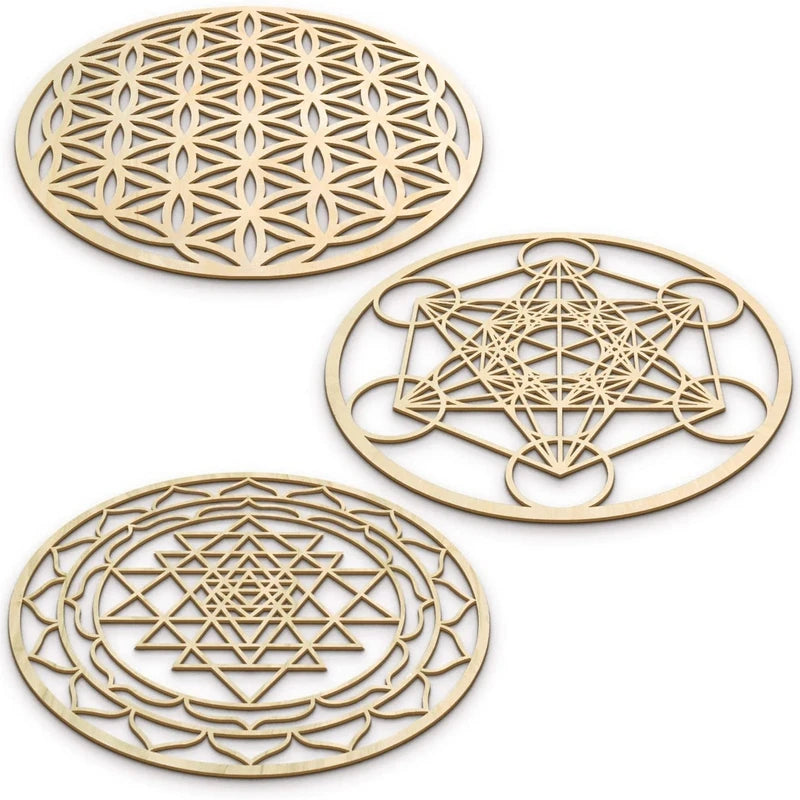 Set of 3 pcs sacred geometry wood wall art home decor for yoga/meditation crystal grid board wooden hanging sculptures