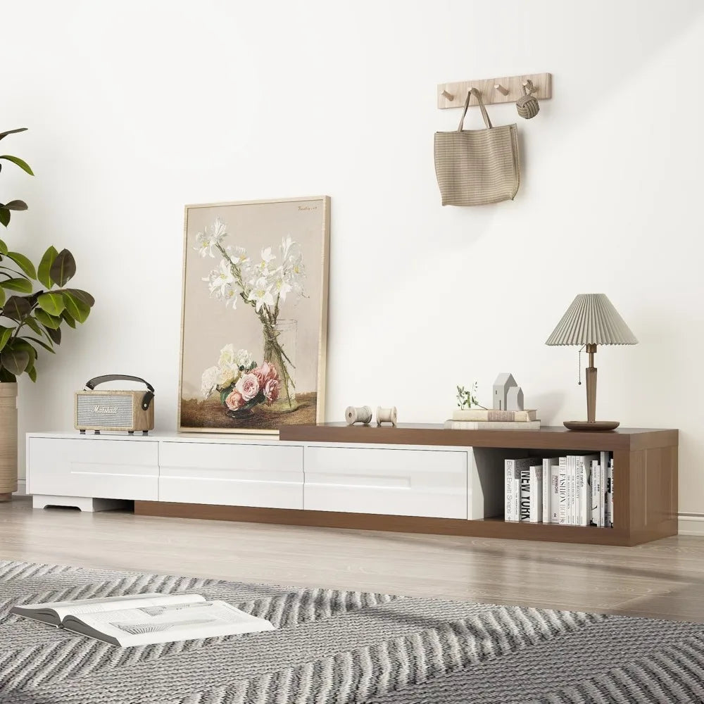 Extendable tv stand modern entertainment center for up to 120 inch wood reversible media console with 3 drawers livi