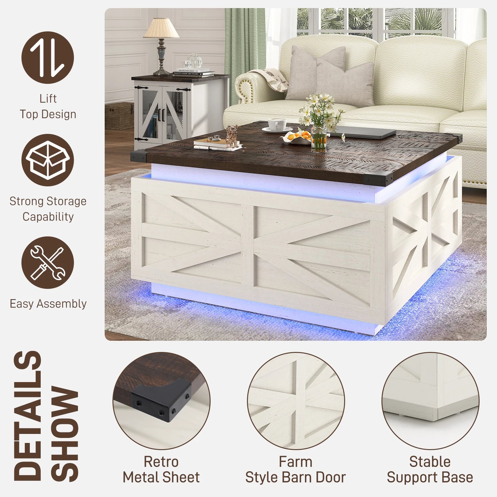35.8’’ farmhouse lift top coffee table with storage square led lights wood center hidden - wtbr / united states