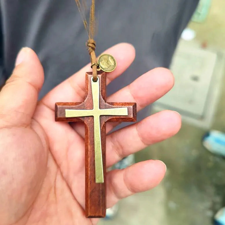 Retro artistic wooden cross nelace korean faion pendant long men’s sweater chain hanging decoration ex version - disc