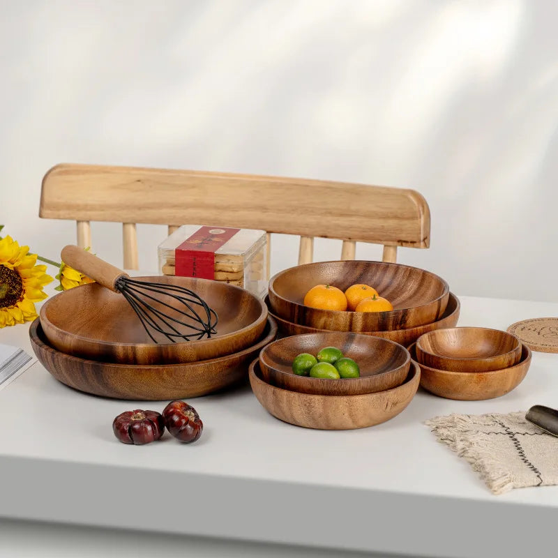 Japanese solid wood round fruit dish household dim sum salad baby fall proof wooden bowl whole thickened - 24x4.5cm