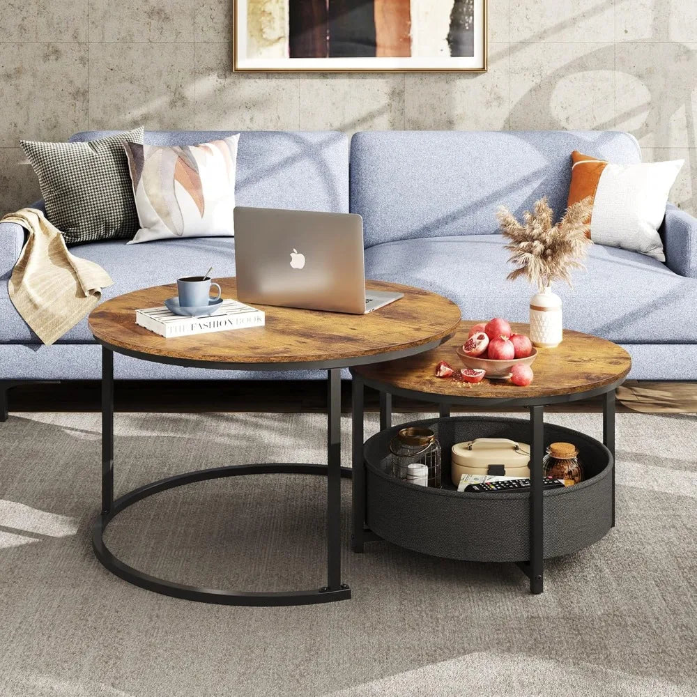 Round coffee table set of 2 31.5’’ nesting with storage industrial minimalist center metal frame - 31.5 rustic brown