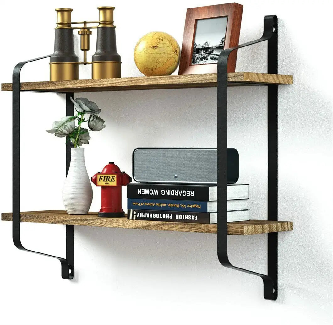 Wall mounted rack display wood shelves rustic 2-tier storage shelf for bedroom living room