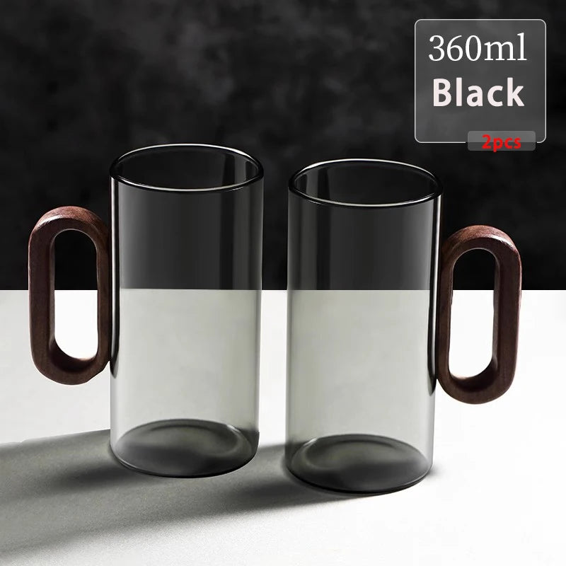 2/4/6pcs glass mug with wooden handle heat-resistant teacup set transparent breakfast milk juice cup home party