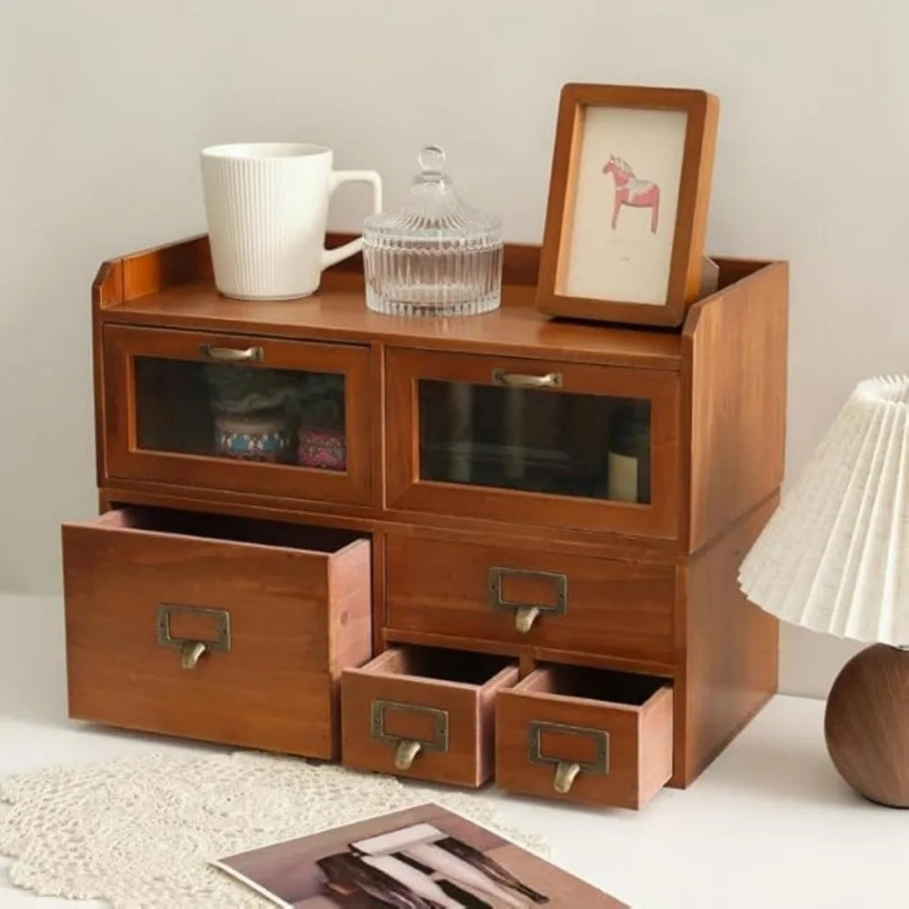 Desktop organizer with 6 drawers vintage desk storage acrylic door wood supplies for living room office - united states