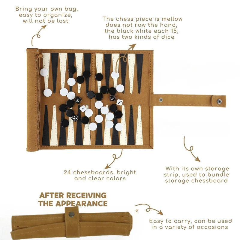 Chess backgammon board game travel set strategy playing pieces dice cups wooden for table games - white