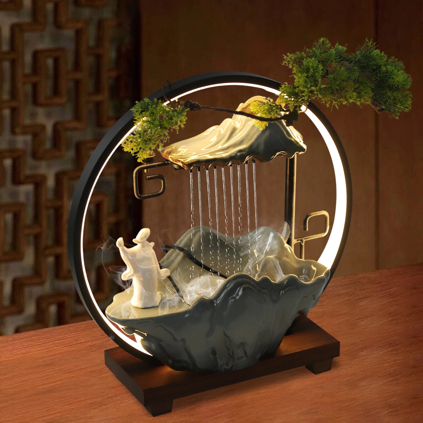 Dui jiu dang ge’ indoor relaxation desk fountain | us plug led light mist (no fragrance/plants) ceramic + wood - brown